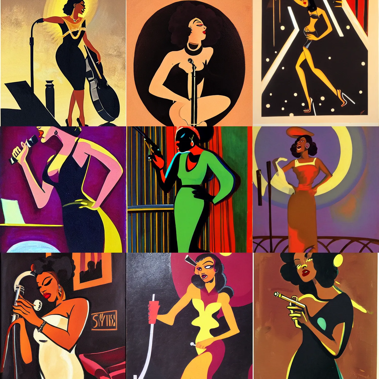 Prompt: art deco painting of a sultry black woman singing jazz in a club, style of Will Eisner