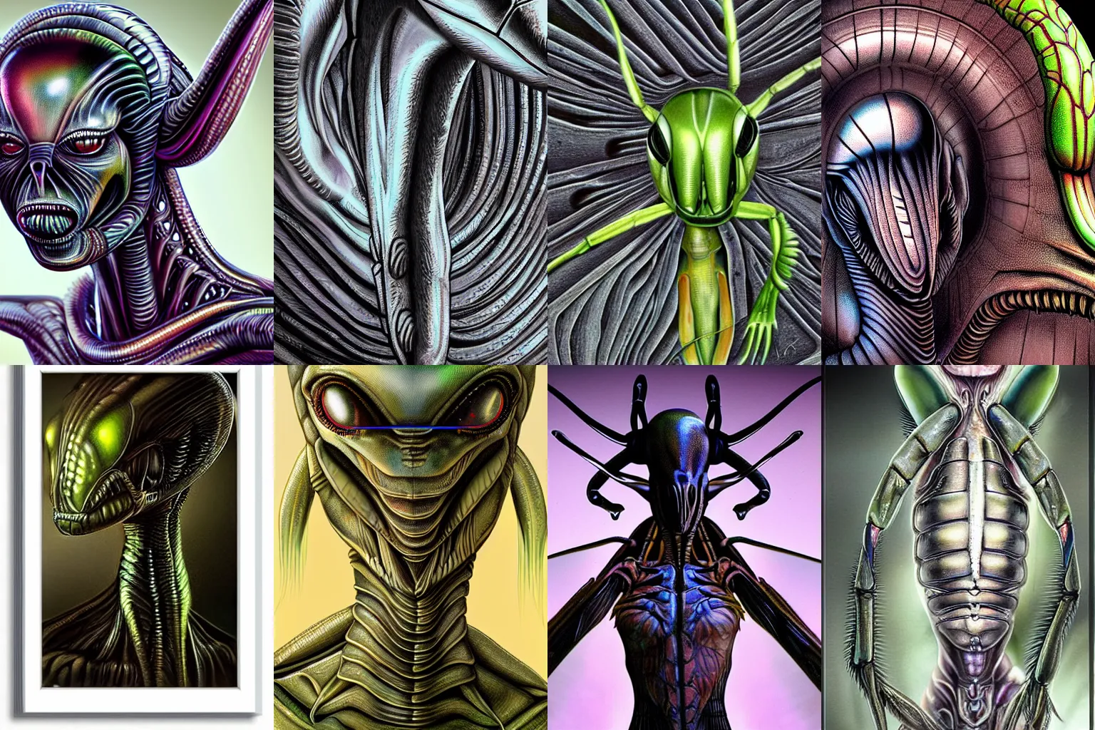 Prompt: alien in the form of mantis, half - length portrait, hyper realistic, realistic photo, ultra detailed, surreal material, giger style, front symetrical, dramatic lights