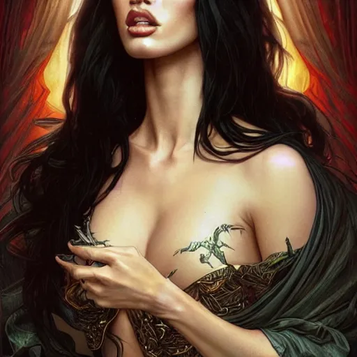 Prompt: ultra realistic illustration, megan fox as vampire lord, intricate, elegant, highly detailed, digital painting, artstation, concept art, smooth, sharp focus, illustration, art by artgerm and greg rutkowski and alphonse mucha