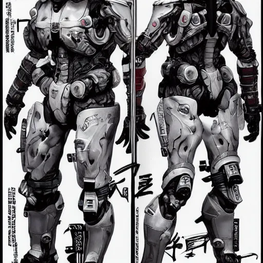 Image similar to character sheet of Ludens from Kojima Productions by Yoji Shinkawa with Artgem and Glenn Fabry, trending on Artstation concept arts