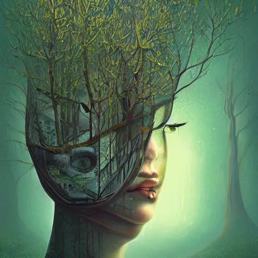 Prompt: a surreal painting of a woman's face surrounded by trees, cyberpunk art by gediminas pranckevicius, behance contest winner, psychedelic art, dystopian art, sci - fi, surrealist