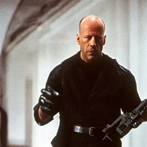 Prompt: Bruce Willis as Hans Kruber, 35mm film frame