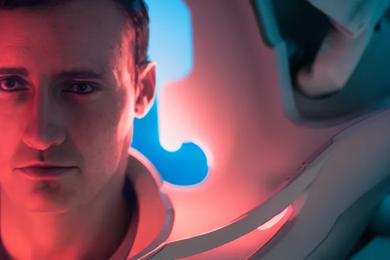 Image similar to VFX movie of a futuristic spaceman closeup portrait in high tech spaceship, beautiful natural skin neon lighting by Emmanuel Lubezki