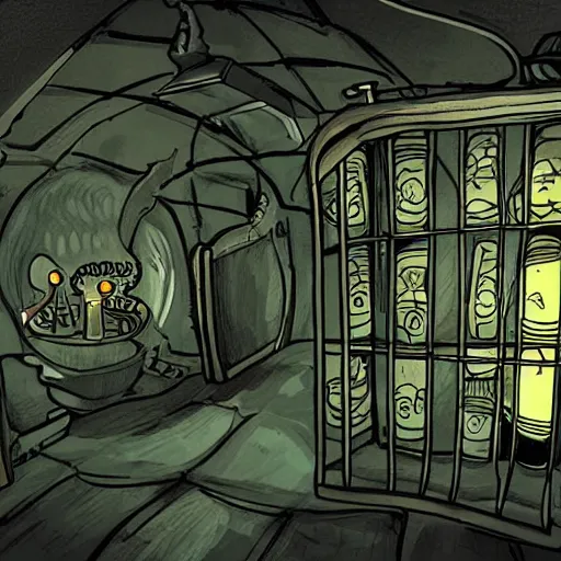 Prompt: lovecraftian secret cellar with aliens in jars and operating table