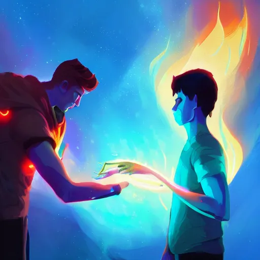 Image similar to fiery prometheus gives a glowing computer to a man who reaches for it with arm outstretched, glowing binary code, bioluminescence, digital painting bioluminance alena aenami artworks in 4 k design by lois van baarle by sung choi by john kirby artgerm style pascal blanche and magali villeneuve