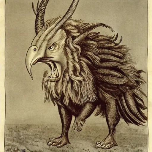 Image similar to human / eagle / lion / ox hybrid with two horns, one big beak, mane, human body. drawn by francis bacon