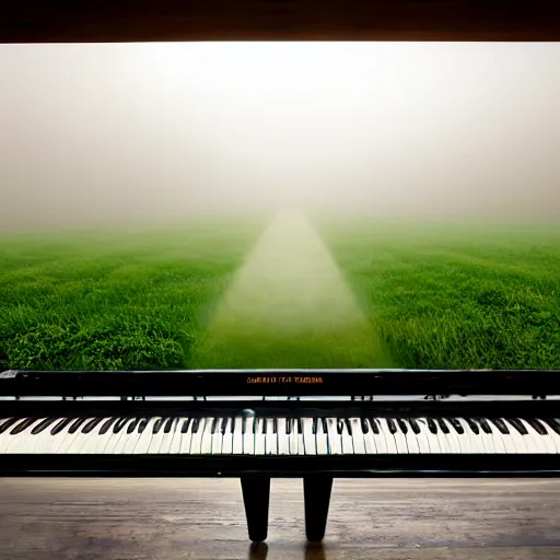 Image similar to a giant grand piano fading into the green fog, dramatic