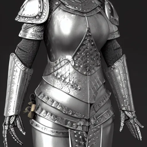 Image similar to seductive female medieval body armor made from silver, highly detailed realistic render, cinema 4d