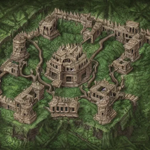 Image similar to , dnd dungeon map of giant ancient castle in an forest with some ivy plants on the walls, cinematic, epic, dramatic lighting from above, dark, vines, fantasy, dust, unreal engine, octane, highly detailed, concept art, dark, super realistic,