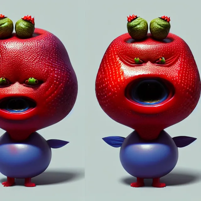 Prompt: bizarre cartoon fruit figurine that looks just like samuel l jackson as a fruit, blue or red, by naoto hattori 8 k, fruit eyes, fruit world, beautiful intricate painting, hyper realistic, studio lighting, octane render