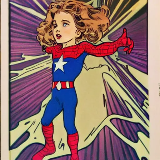 Image similar to a little girl with a mischievous face and light brown curly wavy hair and blue eyes. she is dressed as captain america, spider - man, batman, captain marvel, a superhero. well composed, clean elegant painting, beautiful detailed face. comic book art by steve ditko and jack kirby and ( alphonse mucha )