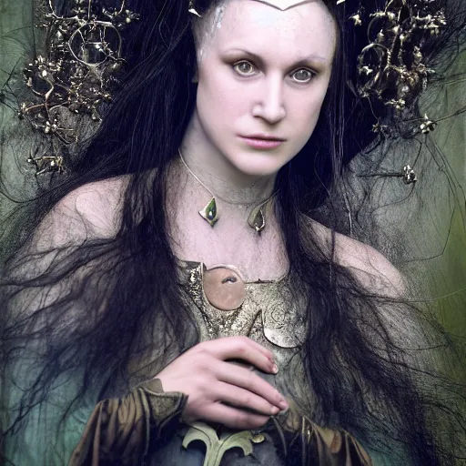 Prompt: a realistic portrait closeup 5 0 mm studio photograph by annie leibowitz of morgan le fay, a powerful and ambiguous enchantress of legend.