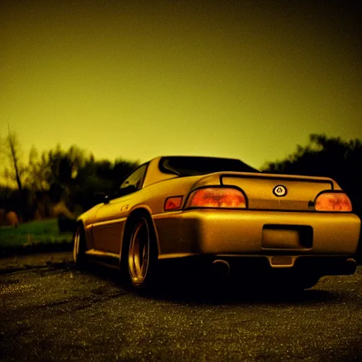 Prompt: pitch black darkness, old toyota supra in the moonlight, film grain, vin diesel