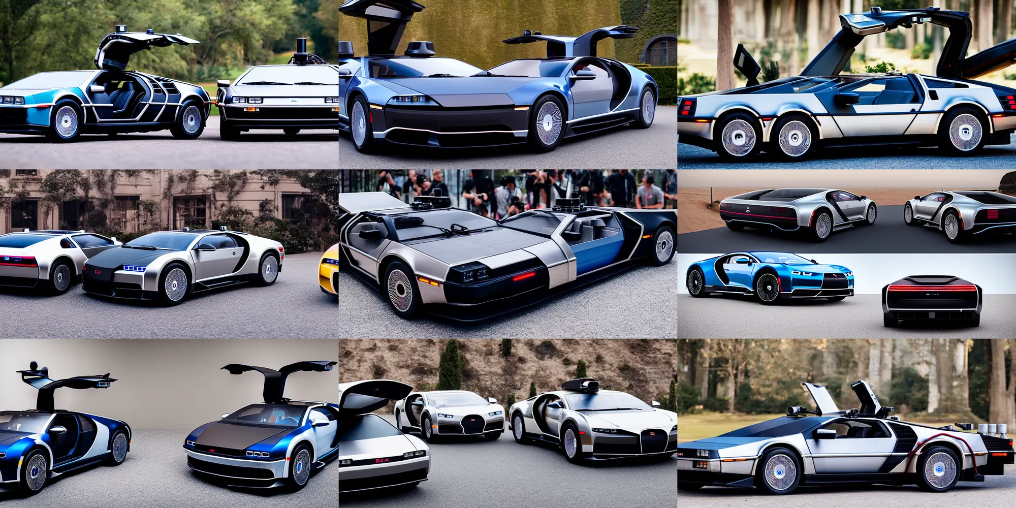 Image similar to a single delorean and bugatti chiron model 3 hybrid, dslr