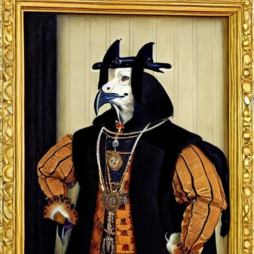 Prompt: a highly detailed painting of a raven dressed as an elegant tudor gentleman, in a richly decorated room, by hans holbein
