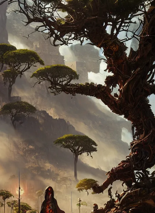 Image similar to hyper realistic robot attacking cape town city beautiful details, gnarly trees, strong composition, poster painted by greg rutkowski, concept art, arcane style, hearthstone wizards of the coast norman rockwell, james gurney and greg rutkowski weta studio, and lucasfilm and best of artstation