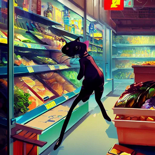 Prompt: cat robbing a food store, art gta 5 cover, artstation by jesper ejsing, by rhads, makoto shinkai and lois van baarle, ilya kuvshinov, ossdraws, and by feng zhu and loish and laurie greasley, victo ngai, andreas rocha, john harris