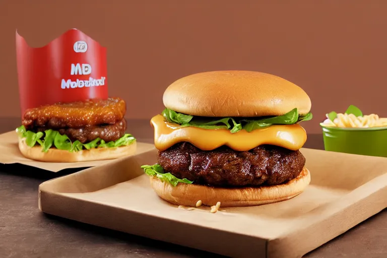 Image similar to mcdonalds baked beans burger, commercial photograph