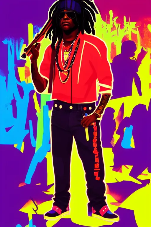 Prompt: chief keef with riffle, gta vice city style, pop art, no duplicate image, glowing lights, ultra details, digital painting, artstation, concept art, smooth, sharp focus, illustration, intecrate details, art by richard hamilton and mimmo rottela, pixels art by kirokaze and paul robertson