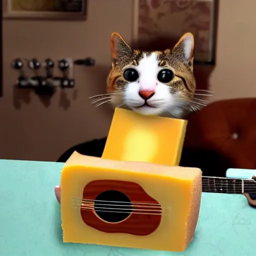 Prompt: A Hyperealistic Cat with a body made out of cheese playing guitar.