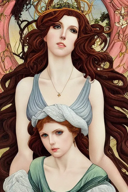 Image similar to dream goddess who looks like anna kendrick, in a mixed style of Botticelli and Æon Flux, inspired by pre-raphaelite paintings and shoujo manga, amazing detail, stunning lines, flat colors, 4K photorealistic