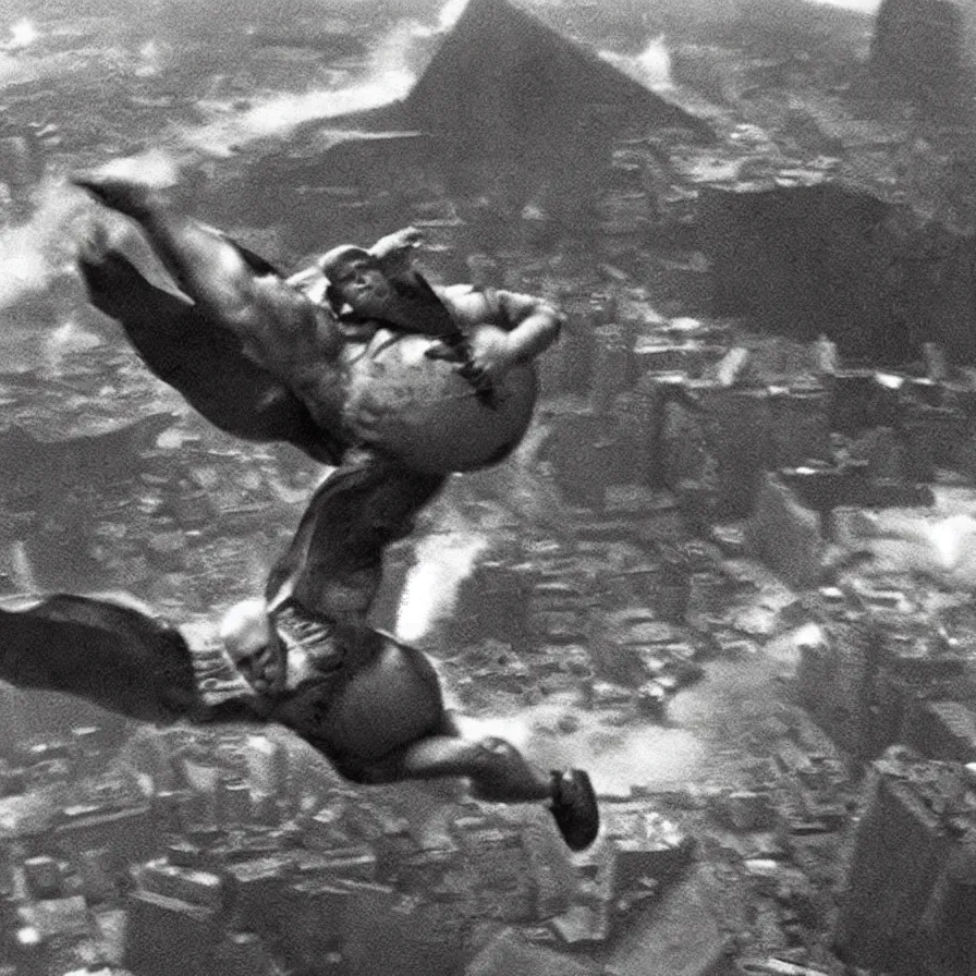 Prompt: “Close-up of very fat, very old, and bald Superman flying over destroyed city. Newspaper photo.”