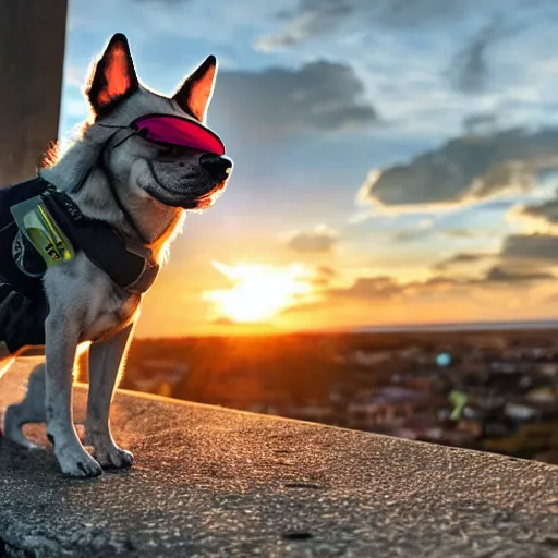 Prompt: a cyberpunk dog watching the sunset wearing sun glasses and a vest