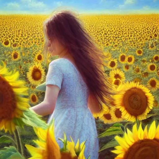 Image similar to a dreamy vision of girl slowly walking through amazing tall sunflower field, her hair flowing down, fog, subtle, intricate details, real masterpiece, oil on canvas, by somsak anong