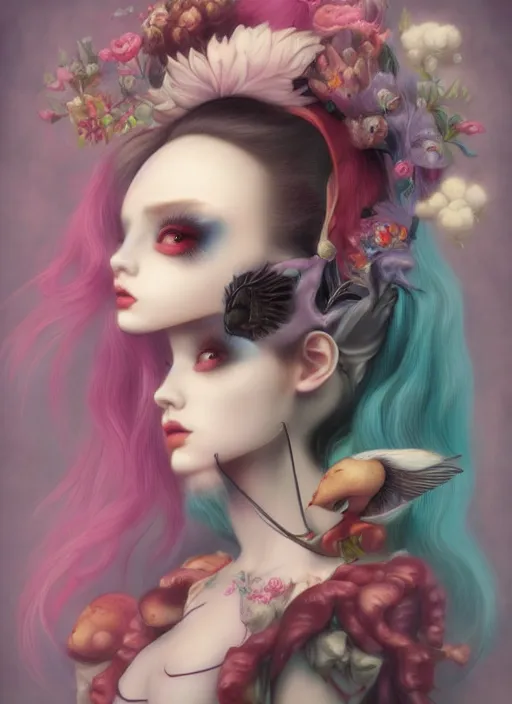 Image similar to pop surrealism, lowbrow art, realistic cute girl painting, japanese street fashion, hyper realism, muted colours, rococo, natalie shau, loreta lux, tom bagshaw, mark ryden, trevor brown style,