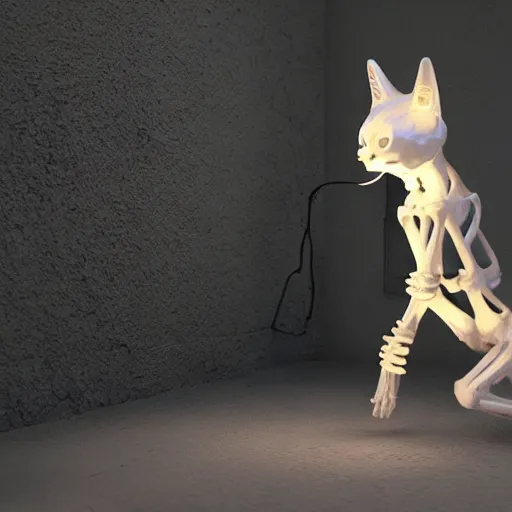 Image similar to cat made only out of bones, walking in an alley with a single lamp in it at night, 8 k, digital, calm, expressive, ray tracing, 4 k, highly detailed,