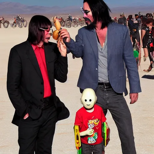 Prompt: keanu reeves dressed as a baby smoking a hot dog at burning man