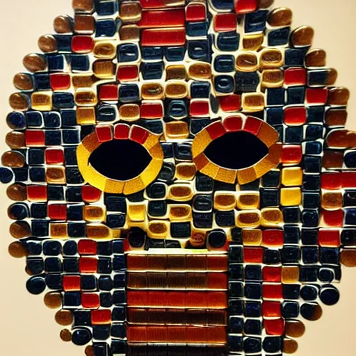 Image similar to a portrait of iron man, made of a lot of nespresso capsules, mosaic