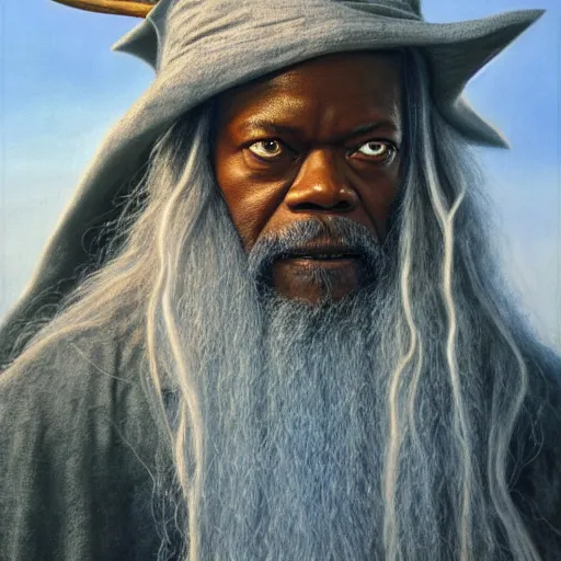 Image similar to portrait of samuel jackson as gandalf, by alan lee, lord of the rings calendar, smooth, detailed terrain, oil painting, matte painting, concept art, trending on artstation