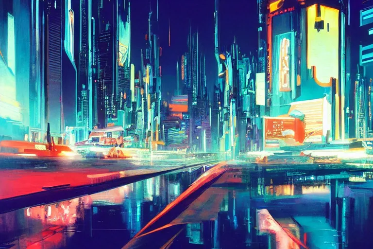 Image similar to neon night in futuristic city, painting by syd mead, highly detailed, soft lighting, 8 k resolution, oil on canvas, architectural magazine, beautiful detailed, insanely intricate details, artstation trending