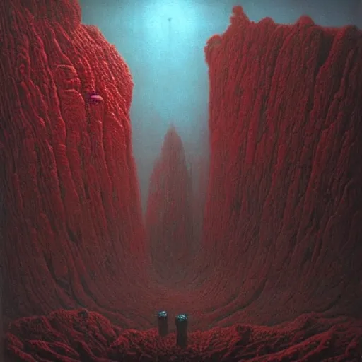 Prompt: only red colour, alien landscape filled with lithups, filigree ornaments, volumetric lights, beksinski