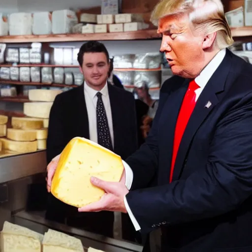 Image similar to Donald Trump stealing cheese from a cheese specialty store