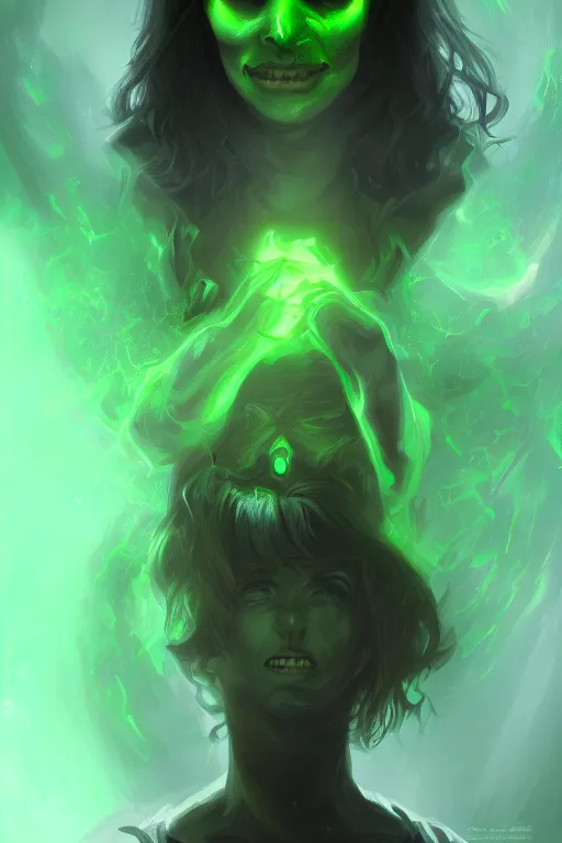 Prompt: half - length portrait, necromancer smiling, ominous. green lighting. fantasy, digital painting, hd, detailed.