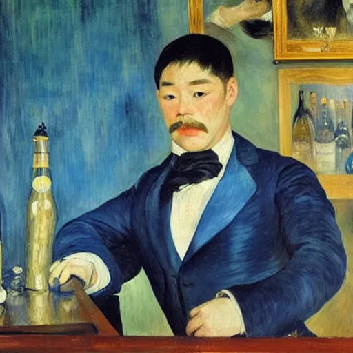 Image similar to portrait of a male bartender, chinese, muscular, brushed - back hair, half - robot, navy zhongshan suit, light blue ascot, monocle, in a bar lit by gold and silver neon lights, manet, renoir, impressionist