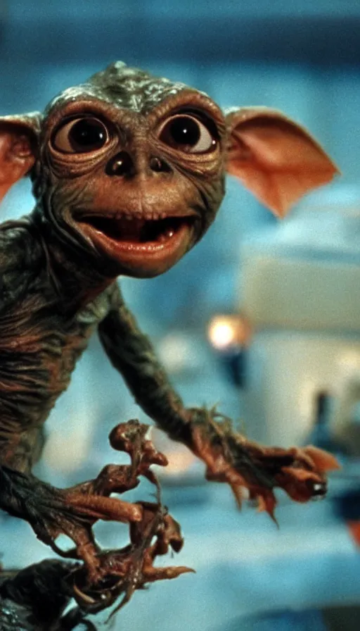 Prompt: e. t. ganger gremlins, cinema still