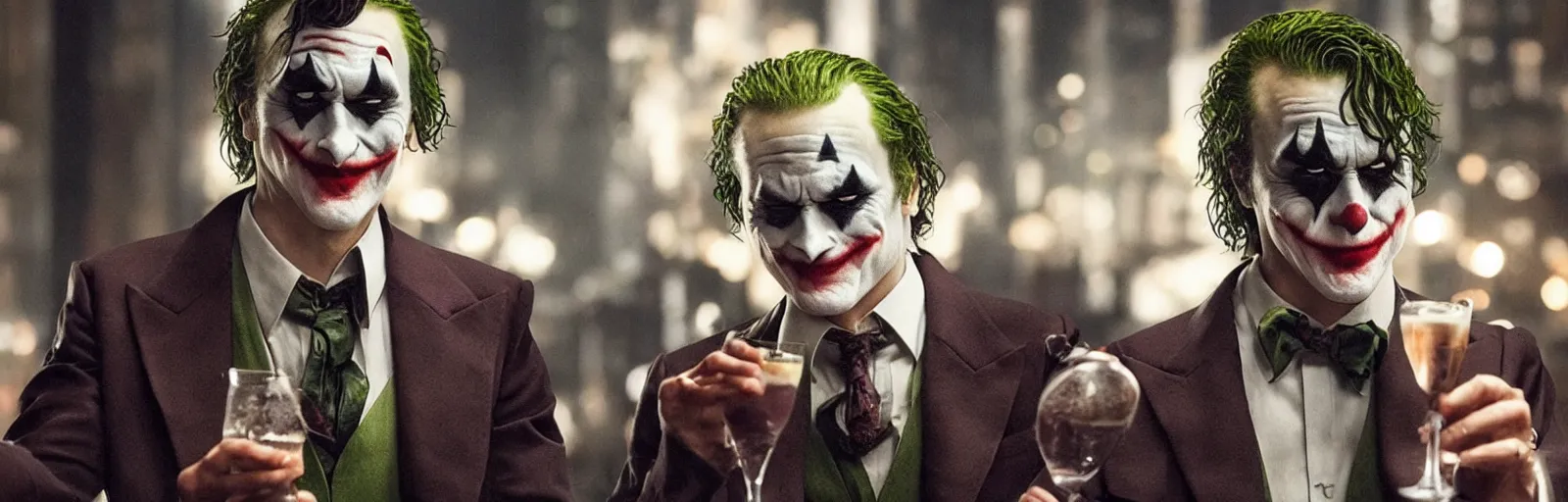 joker balancing cocktail glasses on batman ' s head hq | Stable Diffusion |  OpenArt