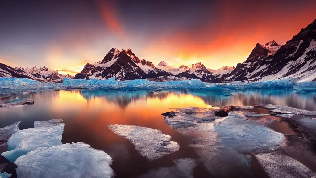 Prompt: amazing landscape photo of a glacier with lake in sunset by marc adamus, beautiful dramatic lighting
