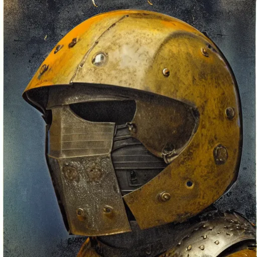 Image similar to portrait of a man as a knight in armour wearing an open helmet, studio lighting, dark textured background, photo realistic style, multiple lights, yellow ocre tint dominant, blue backlight, grunge and destructured after battle, scratches, marks on iron