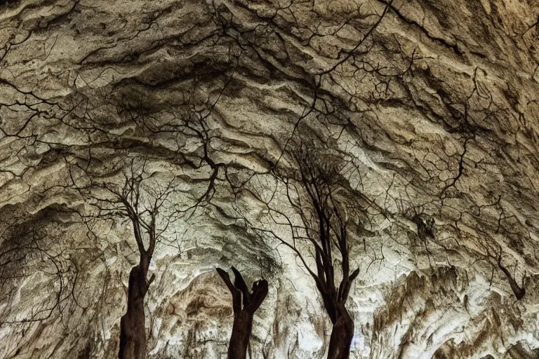 Prompt: atmospheric anatomical landscape, natural massive cave interior ceiling, upside down forest, blending of skin veins and rolling hills, organ lung cloud, bony white tree branches, stone human anatomy