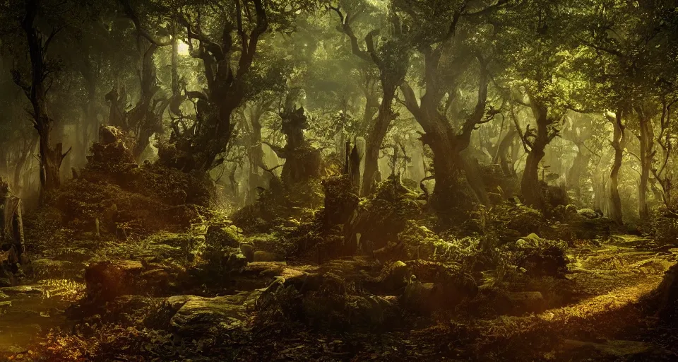 Image similar to Enchanted and magic forest, by Zack Snyder