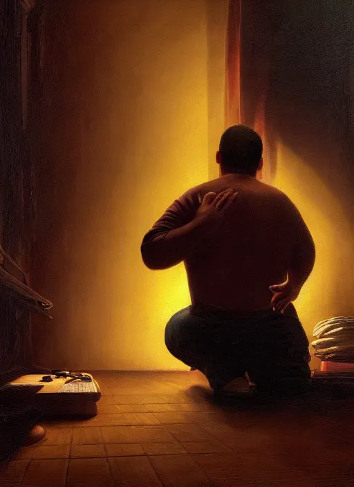 Image similar to insanely detailed chiaroscuro image of a exhausted - looking chubby casually - dressed programmer guy on his knees facing his glowing ultrawide monitor monitor begging it for forgiveness, oil on canvas, masterwork, fine detail, trending on artstation, emotive, insanely compelling, ryden, koons, moebius