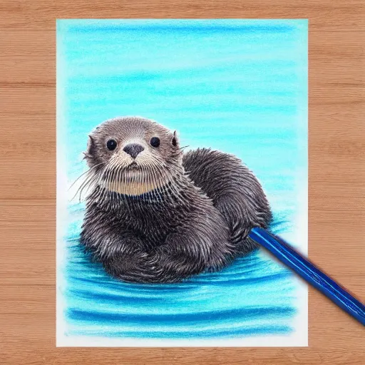 Prompt: portrait of a cute fluffy baby sea otter with abstract ocean wave background, detailed color pencil drawing 4 k