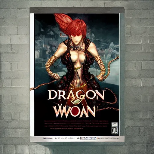 Image similar to Dragon Woman in chains, game poster printed on playstation 2 video game box , Artwork by Akihiko Yoshida, cinematic composition