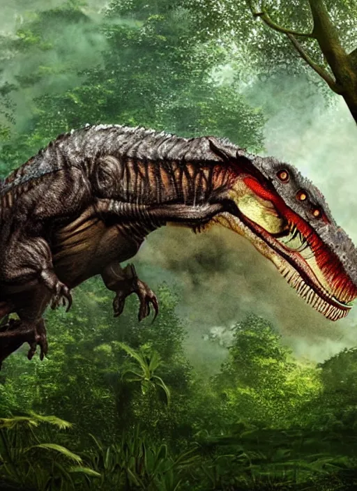 Prompt: a tyrannosaurus rex in a jungle, inside a glass jar, photo realistic