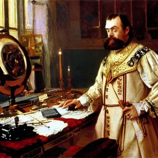 Image similar to russian tsar Peter The Great 18th century installs operating system on desktop computer by vasnetsov and surikov serov, JEAN-VICTOR BERTIN, by Terence Cuneo, detailed, artfully traced, 4k resolution, cinematic, dramatic