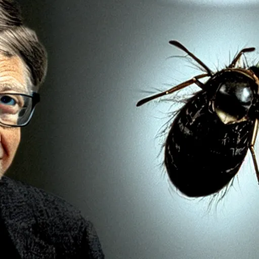 Image similar to a film still of Bill Gates turning slowly into a fly from the movie The Fly, promotional photo